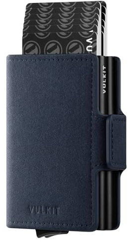 VULKIT Porta Carte di Credito Uomo Schermato RFID Doppio Custodia Alluminio Portafoglio Uomo per Carte di Credito Pelle per Carte e Banconote, Navy Alcantara