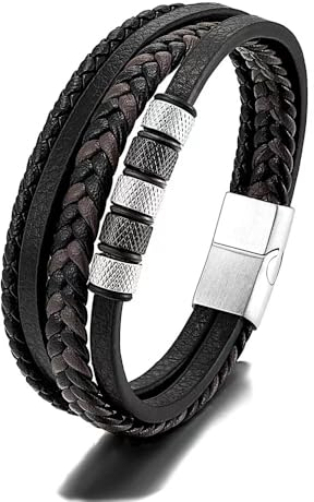 JSNOM Armband Herren Lederarmband Geschenke: Geflochten Leder Weihnachten Vatertag Valentinstag Geburtstagsgeschenk Liebesgeschenke Schmuck Geschenk für Freund Ehemann Papa Männer (19CM, Silber)