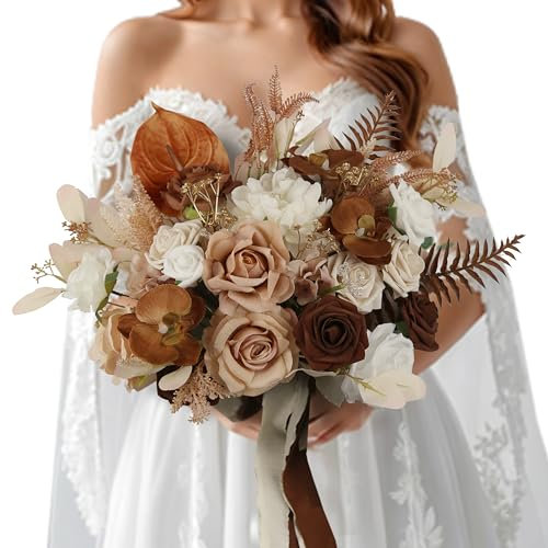 BENCENTRE 35,6 cm Walnussbrauner Brautstrauß, Hochzeitsstrauß, Brautsträuße für Hochzeitszeremonie, Jahrestag, Boho-Hochzeit, Party und französische rustikale Vintage-Hochzeit, künstliche Blumen