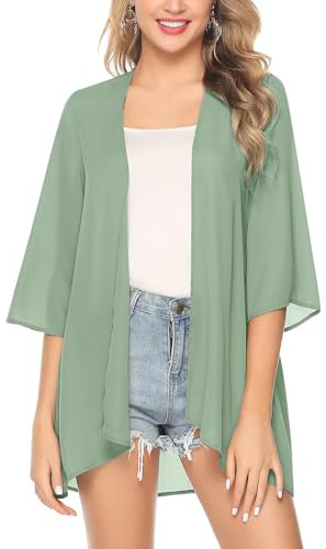 Irevial Damen Chiffon Kimono Cardigan 3/4 Arm Bikini Cover Up Leichte Strand Offene Front Jacke für Sommer, Einfarbig-Mint, XL