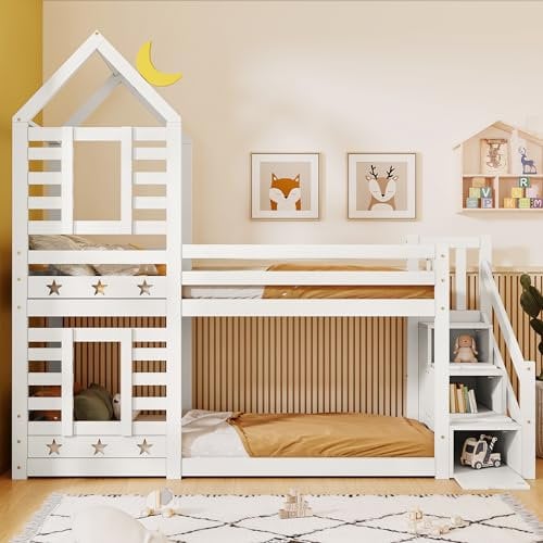 I0I&I0I Bunk Bed Storage Children Cabin Bed Single Bed with Window for Kids, Twin Sleeper 190x90 cm, Solid Pine Wood,3FT (White)