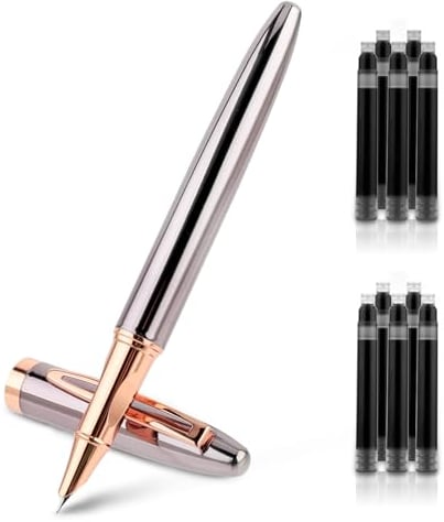 Amaxiu Bußgeld Füllfederhalter Set aus Metall, 0.38 mm feine Spitze mit 10 Stück 3.4 mm Schwarzem Tintenpatronen Sanftes Schreiben Luxus Kalligrafiestift Büro und Schulbedarf Geschenk(Grau)