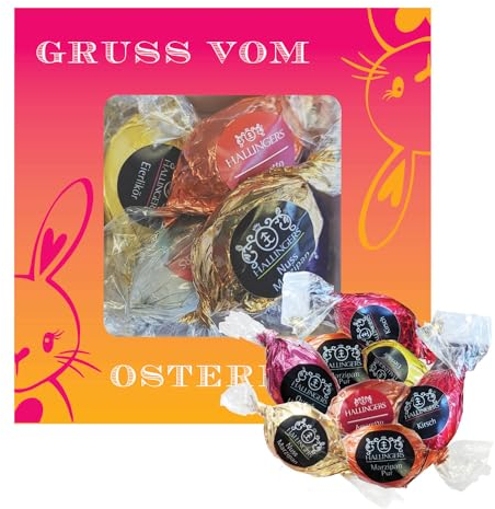 Hallingers Gruß vom Osterhasen - Ostergeschenke für Osterkörbchen zu Ostern, Pralinen Ostereier handmade teils mit Alkohol (Box) - Geschenk im Sommer & als perfektes Grillgeschenk | Glückwunsch Glückw