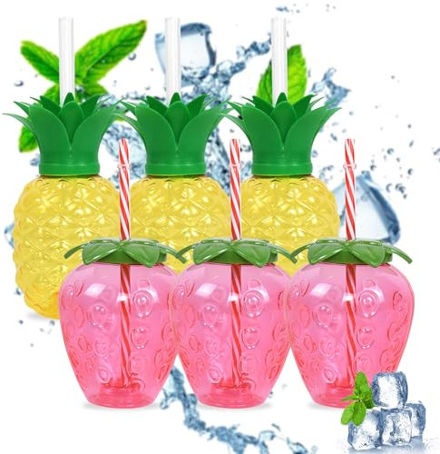 AMZLORD 3/6 Stück Hawaii-Sommerpartybecher 500 ml in Ananas-/Erdbeerform, tropische Sommerbecher mit Strohhalm, kreative Strandparty-Geschenke