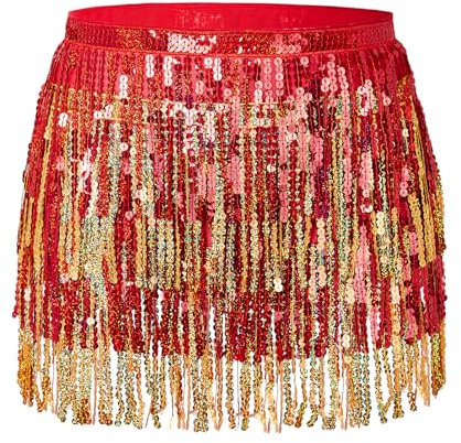 Durio Glitzer Fransen Pailletten Quasten Rock - Bauchtanz Kostüm Festival Damen Rave Kleidung - Rot/Gold Einheitsgröße