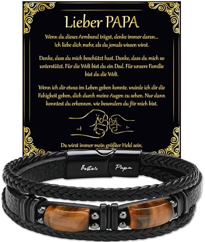 LEAFIA Tigerauge Lederarmband Herren, Armband Herren mit Gravur Bester Papa, Weihnachtsgeschenke, Geschenk für Ihn Hochzeitstag, Vatertagsgeschenk Papa Geschenk Vater DAD (Lieber PAPA, 21)