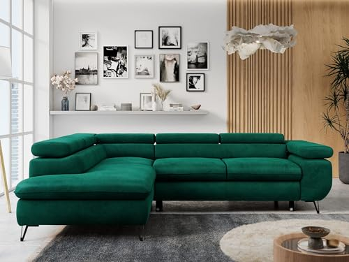 MKS MEBLE Ecksofa Sofa Grün, Wohnlandschaft L-Form mit Schlaffunktion und Bettkasten, Schlafsofa mit Bettkasten, Sofa mit Einstellbare Kopfstützen, Peter L - Grün Velvet - Links Grün