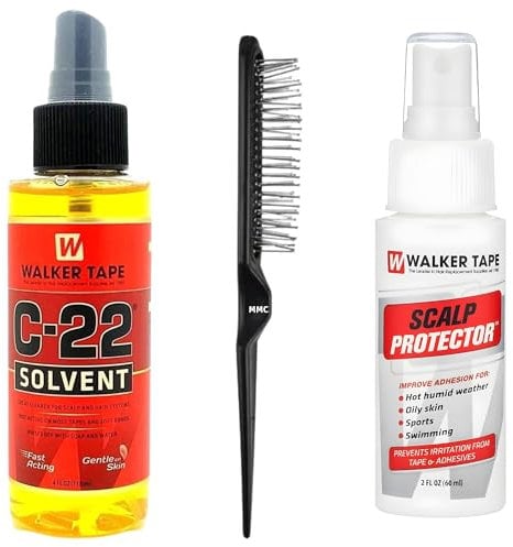 Walker Tape Bundle: C-22 Solvent Adhesive Remover (118ml) & Walker's Scalp Protector 2oz Spray and Wig Brush for Synthetic Wigs - Adhesive Remover Kit