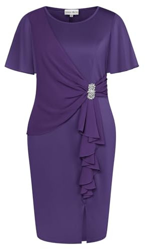 Hanna Nikole Vestido de mujer de gran tamaño de gasa con pedrería con volantes, manga corta, vestido de cóctel con hendidura, morado, 52 Grande
