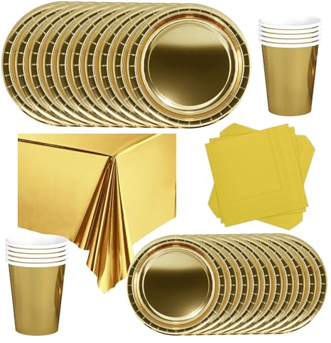 POPOYU 69 Pièces Vaisselle Jetable Anniversaire Or,Assiette Carton Papier Tasses Serviettesr Nappe pour Fête de Noël,Vaisselle de Fête Enfants,Barbecue Les Fêtes Les Pique-niques(16 Invités)