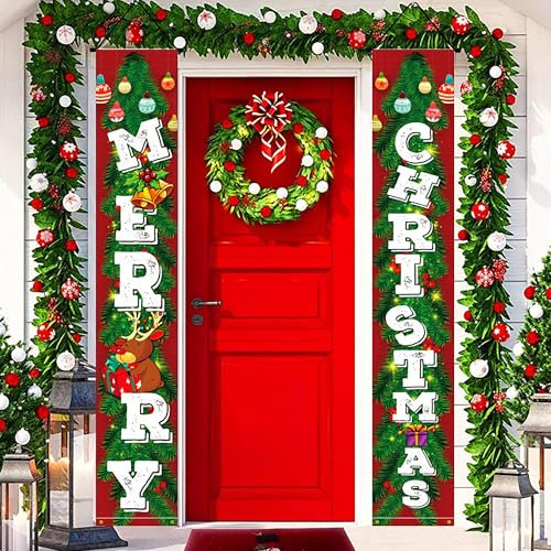 WDEC Pancarta de puerta de Navidad, pancarta de puerta de Feliz Navidad, cartel de porche a cuadros de feliz año nuevo, pancartas de Navidad para colgar al aire libre decoración interior para pared al