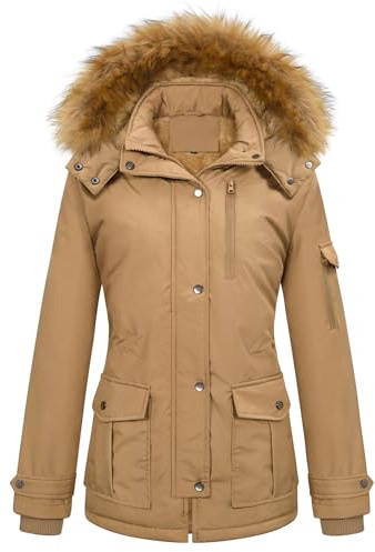 TOMEEK Damen Winterjacke Winter Wintermantel Warm Jacke Gefüttert Mantel Parka Damen-mäntel mit Kapuze Teddyfell Winterparka Skijacke Kurzmantel Outdoor Elegant Fleecejacke(Khaki,L)
