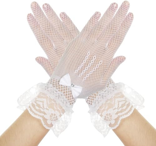 Damen Spitzen Handschuhe Netzhandschuhe Kurze Lace Fishnet Spitzenhandschuhe Blumenspitzen Handschuhe Sonnenschutz Handschuhe Damen Hochzeits Dinner Party Hochzeit Abschlussball (Weiß, Einheitsgröße)
