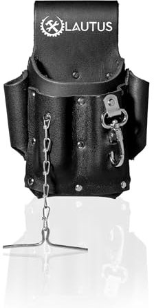 LAUTUS Werkzeugtasche aus genarbtem Leder für Elektriker, 5 Taschen mit Isolierbandkette, robuste Fächer, Unterlegscheiben-Nieten, inklusive Metall-Werkzeugclip, Schwarz