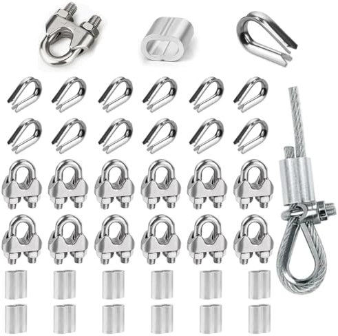 RHQFDM Kit de Abrazaderas de Cable 12 Piezas Abrazadera de Cable M3,Abrazadera de Cable de Acero Inoxidable 304,con Virolas de Aluminio,Dedales para Cable metálico,para Fijar toldos y tendederos