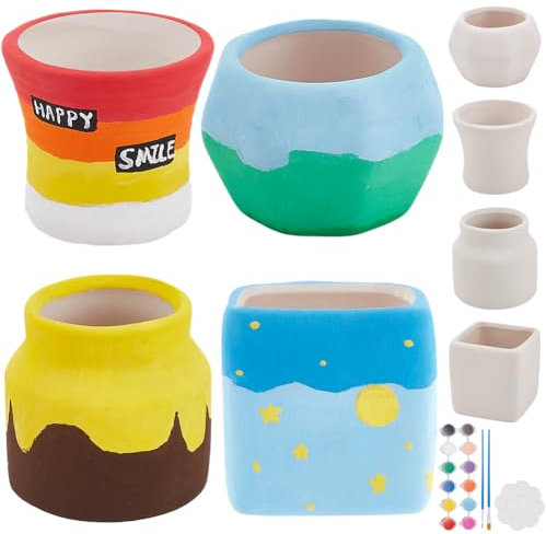 WEBEEDY 4 Tailles de Petits Pots en Céramique Kit de Peinture avec Trou de Drainage Mini Pots en Céramique à Peindre Figurines Kit d'Artisanat de Peinture pour Adultes Débutants