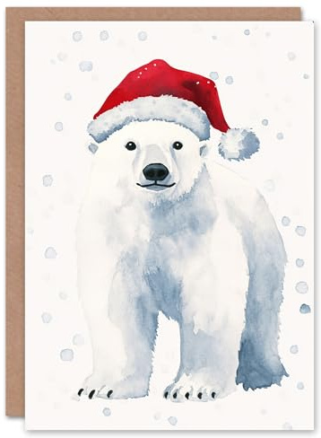 Artery8 Cute Baby Polar Bear With Santa Hat Blank For Him Or Her Art Xmas Festive Christmas Card