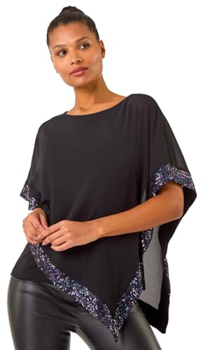 Roman Sequin Hem Overlay Stretch Top for Women UK Ladies New Year NYE Party Blouse Sparkly Glitter Shiny Autumn Winter Tunic Round Chiffon Cape Going Out Special - Purple - Size 10