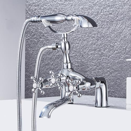 BiaoTeng Clawfoot Rubinetto Vasca da Bagno con Doccetta 2 Manopole Croce Ottone Caldo e Freddo 2 Fori Miscelatore Bordo Vasca da Bagno Cromo