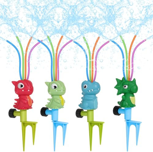 MoKo Wassersprinkler für Kinder, Dinosaurier Outdoor Wasserspielzeug, Schwimmbad Spielzeug mit 4 Flexiblen Schläuchen, Sommerspaß-Wasserspielzeug für Garten, Garten, Pool, 4 Stücke, 4 Farben