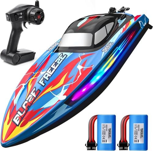 DEERC Schnelles RC-Boot für Pool und See mit LED-Licht, 20+ MPH, 40+ Min, 2 Batterien,selbstaufrichtendes ferngesteuertes Renn-Schnellboot für Kinder, 2,4 GHz, Sommer-Wasserspielzeug-Geschenk