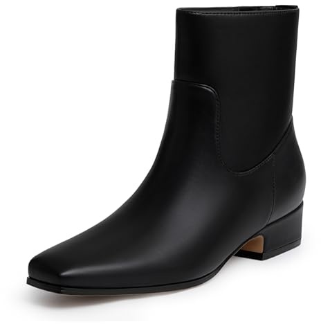 Athlefit Women's Black Low Heel Ankle Boots Fashion Square Toe Chunky Block Heel Short Booties with Side Zipper Size 8