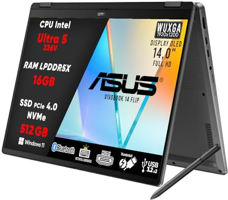 ASUS Vivobook 14 Flip 5 Pc Portatile, Notebook Intel Core Ultra 5, 16Gb RAM, SSD 512GB, 14.0 Oled Touch Screen, Computer Portatile, Laptop, Tastiera Retroilluminata, Con Pennino In Dotazione
