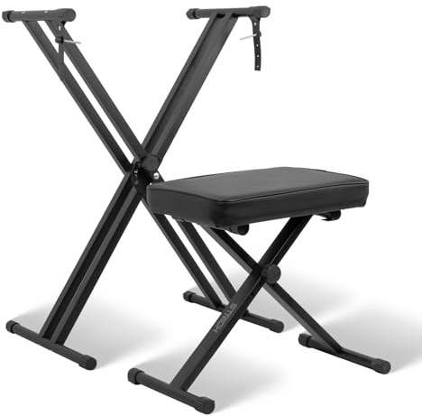 STRICH Piano Keyboard Stand Stool Set, Adjustable Double X-Style Portable Stand for 54-88 Key Electric Digital Keyboards Pianos & Piano Bench, Chair, Black, SKT-01