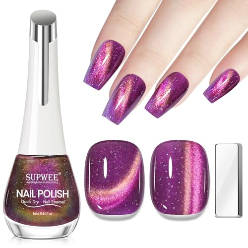 SUPWEE Cat Eye Nagellack, 16ML Violett Magnet Nagellack Ohne UV | Glänzend Magnet Holographic Quick Dry Cat Eye Nail Polish Home Maniküre DIY Salon für Fingernägel