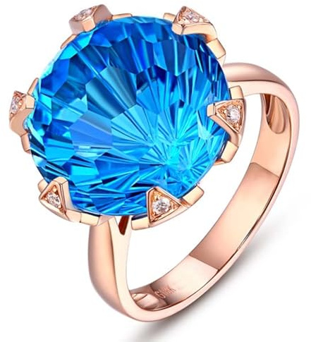 Tolldek Alliances en or rose 750 véritable 18 carats - Bague en diamant avec topaze ronde bleue - Forme classique - Diamant - Or rose Au750 - Taille 49-70, Or rose 18 carats (750), Topaze Diamant