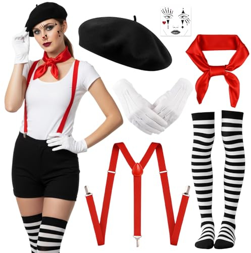 ZexJpr 6 Stück Pantomime Kostüm, Pantomime Kostüm Damen, Schwarze Baskenmütze, Rote Schal, Schwarz-weiß Gestreifte Strümpfe, Weiße Handschuhe, Hosenträger, Gesichtstattoo für Karneval Mottopartys