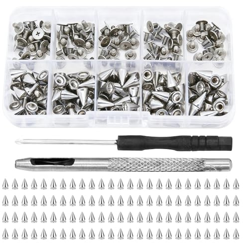 Cone Studs Metal Spikes Rivet, 100 Pcs 7.2 x 10mm Silver Punk Bullet Spike with Screwbacks for Clothing Leather Shoes Clothes Handbag Jacket, DIY Accessories Kit