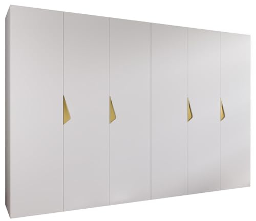 MEBLE KRYSPOL - Kleiderschrank - Garderobenschrank - 300 cm x 202 x 52 cm - Schrank mit Kleiderstange, 6 Türen - für Schlafzimmer, Flur - SANDI, Weiß, Griff Gold