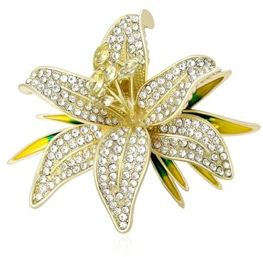 Broche fleur de lys - Art autrichien - Cristal CZ et feuille en émail - 4,7 cm - Élégant bijou de mariage, bal, accessoire pour femme