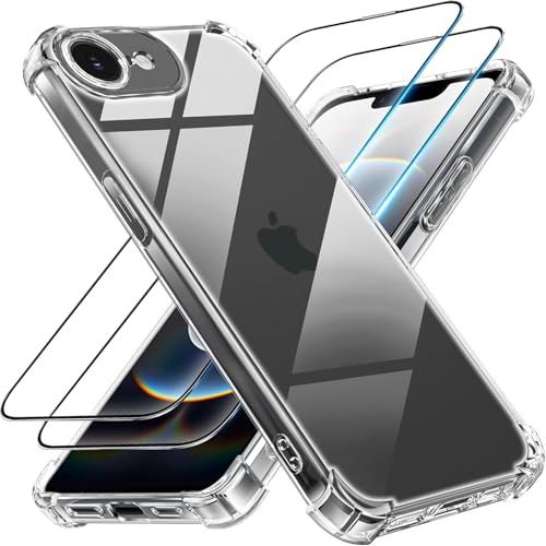 Case for iPhone 16e / iPhone 17e Clear Phone Case with 2 x Screen Protector Glass, Shockproof [Ultra Slim] Scratch Resistant Gel Silicone [Protective Case] Phone Cover for Apple iPhone 17e / 16e