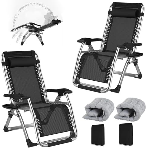 Tumbonas Plegable Jardin Exterior 65cm Ancho Hasta 240KG, Silla Reclinable Jardín con Cojín, Funda y Portavasos, Transpirable Ligera, Tumbona Gravedad Cero Aluminio para Terraza, Piscina y Playa