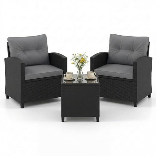 COSTWAY 3-TLG. Rattan Gartenmöbel Set, Balkonmöbel mit Kissen, 2 Stühlen und Tisch, Polyrattan Balkonset, Terrassenmöbel, Gartengarnitur, Sitzgruppe für Terrasse, Balkon, Garten (Grau)