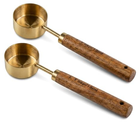 2 Pieces Coffee Measuring Spoon, 15 ml, Stainless Steel Measuring Cup with Acacia Wood Handle, Gold Dispenser for Coffee, Tea, Cocoa and Spices, Ideal for Mocha and Espresso