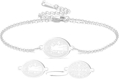 Medaille des Heiligen Benedikt Armband Katholischer Rosenkranz Exorzismus Christlicher Schutz Religiöser Schmuck Handgefertigtes verstellbares Seil Geschenk für Frauen Hey, Silver1