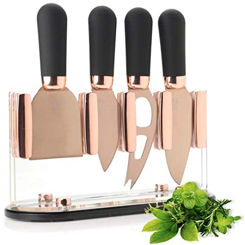 Taylors Eye Witness Cheese Knives & Stand [Rose Gold] - Brooklyn Transparent Acrylic Holder & 4-Piece Knife Set. Hard Titanium-Plated, Super Sharp Blades. Soft Grip Handles. 2 Year Guarantee.