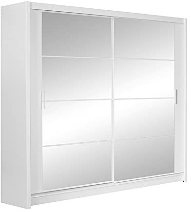 Furniture24 Kleiderschrank Dakota 160 Schlafzimmer 2 Türiger Schwebetürenschrank Schrank mit Kleiderstange 4 Einlegeboden und Spiegel Weiß Schiebetür