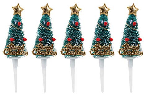 Amosfun 5pcs Christmas Cupcake Toppers Flocked Christmas Tree Shape Cake Toppers for Xmas Holiday Party Cake Decoration Supplies Green