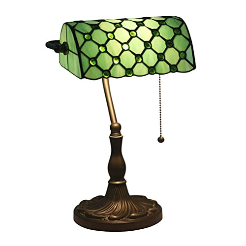 Bankers Lampe Vintage Tischlampe Retro Tiffany Schreibtischlampe Mit Zugschalter Schlafzimmer Nachttischlampe Glasmalerei Schirm Desktop-Leuchten E27 Bürolampe, für Wohnzimmer Studie Bibliothekslampe