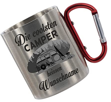 Crealuxe Edelstahltasse mit Karabiner - Die Coolsten Camper heißen Wunschname - 330ml, Tasse personalisiert, Kaffeetasse, Bürotasse, Metalltasse mit Name