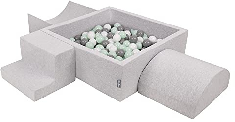 KiddyMoon Spielplatz Aus Schaumstoff Mit Quadrat Bällebad (300 Bälle) Ballgruben Für Babys Spielbad Hindernisläufen, Hergestellt In Der EU, Hellgrau:Weiß/Grau/Minze