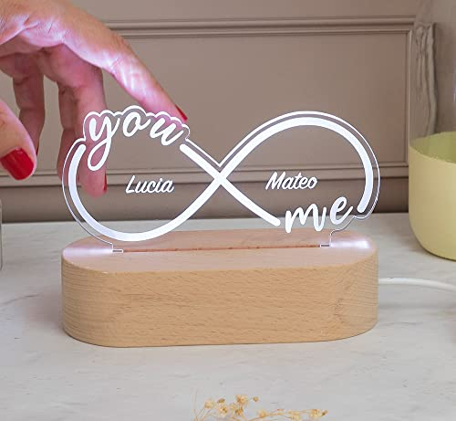 Transparent Gift Lámpara Personalizada con Nombres Infinito. Regalos para Parejas. Regalos Originales para Aniversario. Regalos Personalizados para San Valentín y Bodas. Lámparas Luz LED Decoración