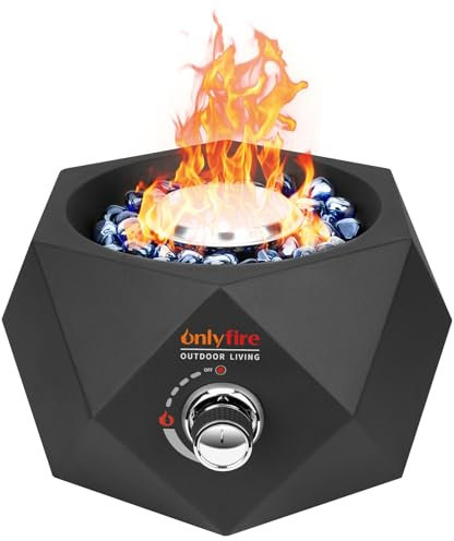 Onlyfire Tragbarer Tisch-Propan-Kamin 35,6 cm Gas-Feuerschale mit Lufteinlass unten & Feuerglas, rauchfreie Gas-Feuerstelle für Outdoor-Camping, Hinterhoftische mit Schirmloch