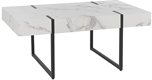 Beliani Table Basse Plateau Effet Marbre Blanc 100 x 60 cm Pieds en Métal Noir Merced