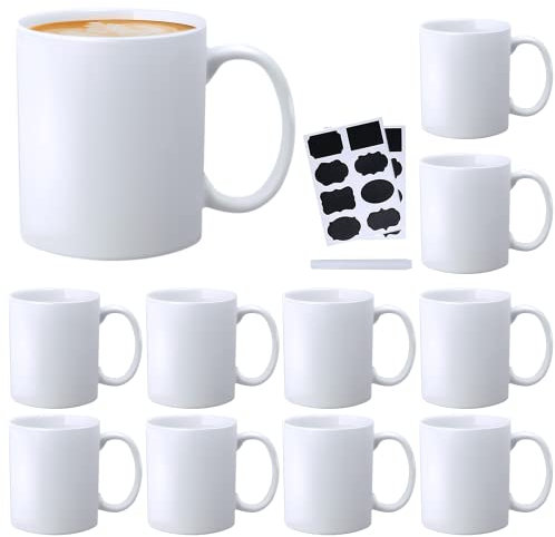 Ceramic Coffee Mug,White Tea Mug ,Classic Drinking Cups with Handle,11 OZ Cups Set of 12, for Hot or Cold Drinks like Cocoa, Milk, Tea or Water(Labels & Chalk Marker)