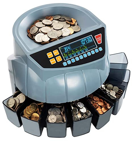 MUNBYN Coin Counter Machine, Coin Sorter Machine, 1¢, 5¢, 10¢, 25¢, 50¢ and Dollar, 250 Coins/min, Compatible with Printer, Batch Mode Change Counter Machine, 6 Bins and Tubes Roller
